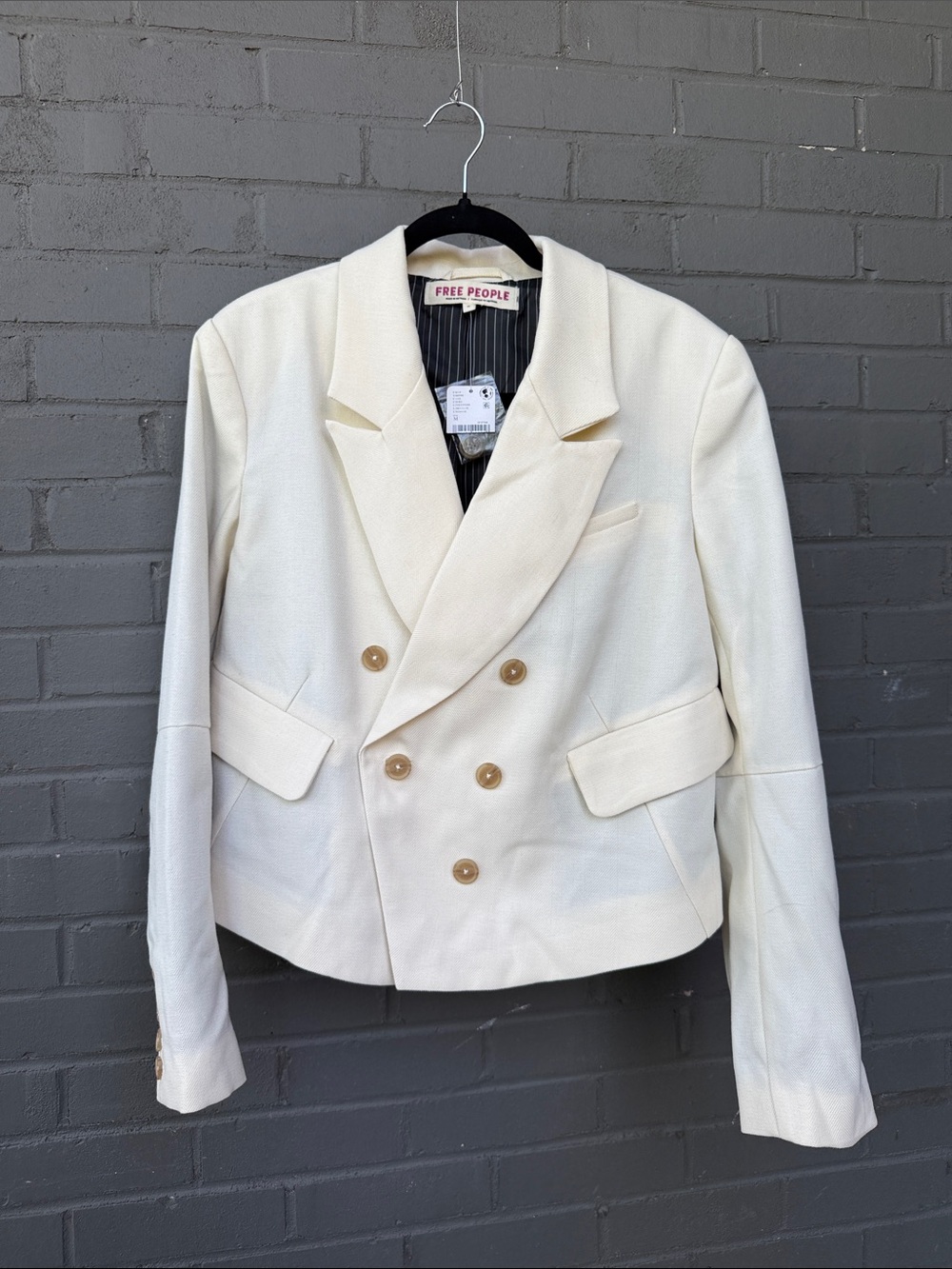 Free People Off-White Double-Breasted Cropped Blazer